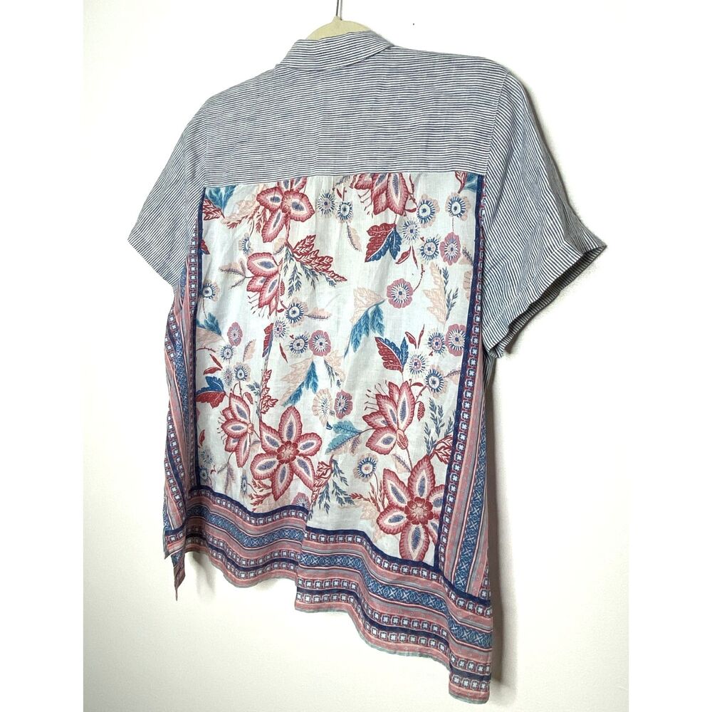 J Jill Linen Blue White Striped Short Cap Sleeve Button Down Floral Back Top LP - Picture 11 of 12